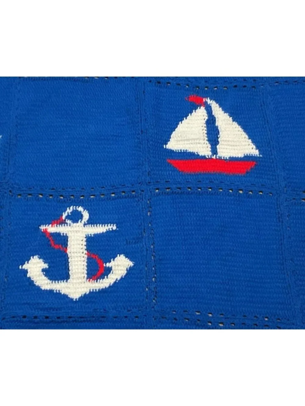 Handmade Nautical Theme Crochet Blanket Anchor & Sailboat Blue Red 56